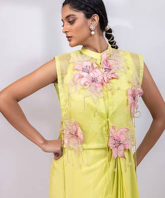 Lemon yellow embroidered chinon organza co ord set 2