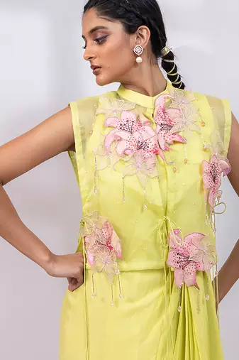 Lemon yellow embroidered chinon organza co ord set