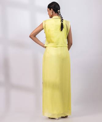 Lemon yellow embroidered chinon organza co ord set 3