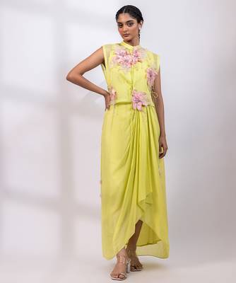 Lemon yellow embroidered chinon organza co ord set 4