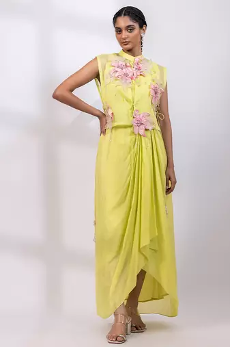 Lemon yellow embroidered chinon organza co ord set