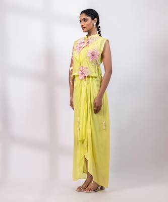 Lemon yellow embroidered chinon organza co ord set 5