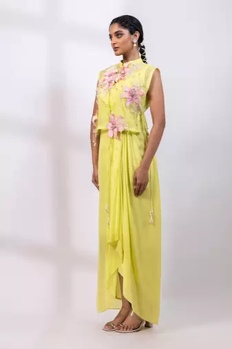 Lemon yellow embroidered chinon organza co ord set
