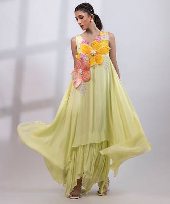 Pale lime green embroidered chinon draped dress 1