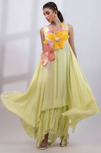 Pale lime green embroidered chinon draped dress
