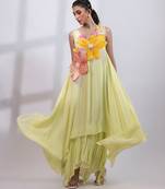 Pale lime green embroidered chinon draped dress