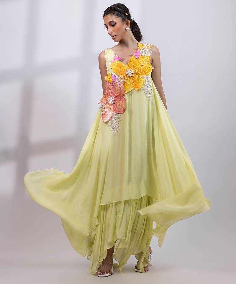 Pale lime green embroidered chinon draped dress