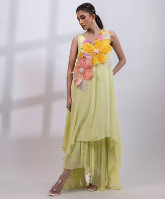 Pale lime green embroidered chinon draped dress 2