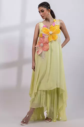 Pale lime green embroidered chinon draped dress