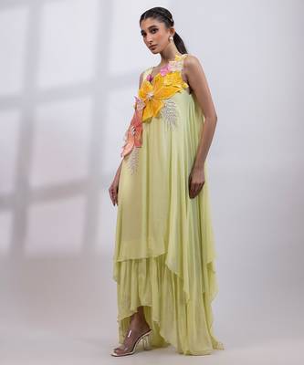 Pale lime green embroidered chinon draped dress 3