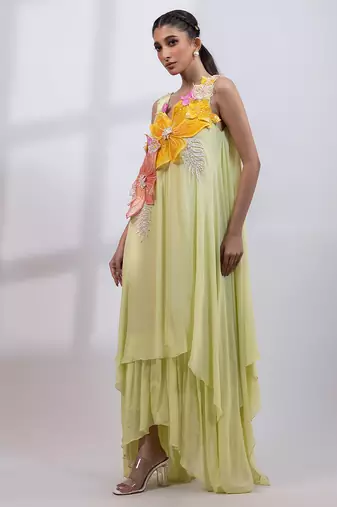Pale lime green embroidered chinon draped dress