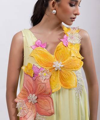 Pale lime green embroidered chinon draped dress 4