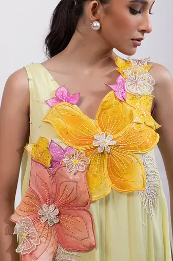Pale lime green embroidered chinon draped dress
