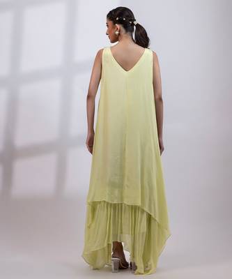 Pale lime green embroidered chinon draped dress 5
