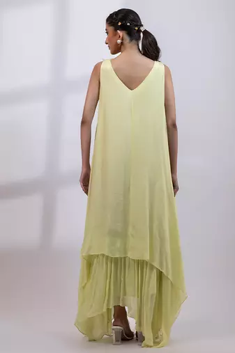 Pale lime green embroidered chinon draped dress