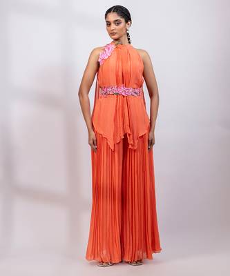 Coral orange embroidered chinon co ord set 1
