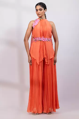 Coral orange embroidered chinon co ord set
