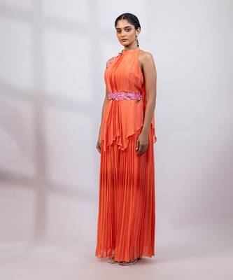 Coral orange embroidered chinon co ord set 2