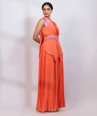 Coral orange embroidered chinon co ord set 3