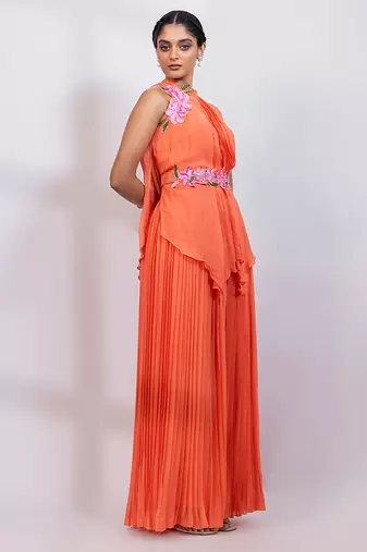 Coral orange embroidered chinon co ord set