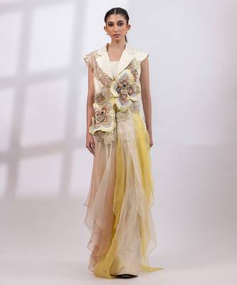 Ivory yellow embroidered silk organza co ord set 1