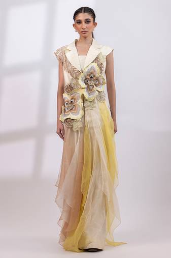 Ivory yellow embroidered silk organza co ord set
