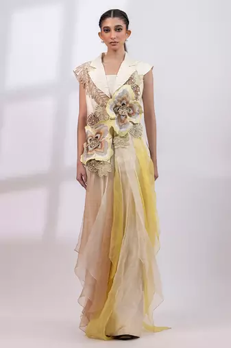 Ivory yellow embroidered silk organza co ord set