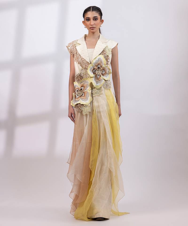 Ivory yellow embroidered silk organza co ord set