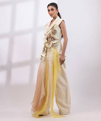 Ivory yellow embroidered silk organza co ord set 2