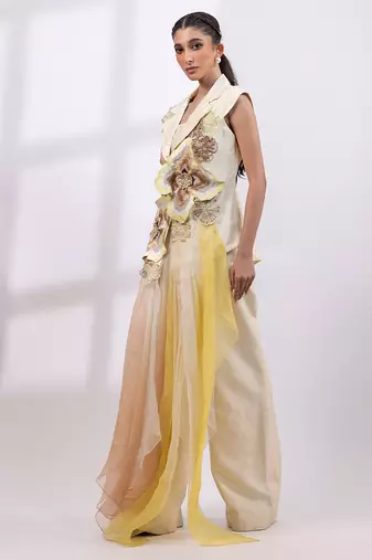 Ivory yellow embroidered silk organza co ord set