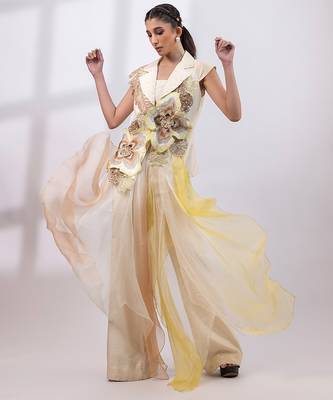 Ivory yellow embroidered silk organza co ord set 3