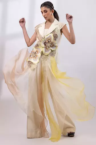 Ivory yellow embroidered silk organza co ord set