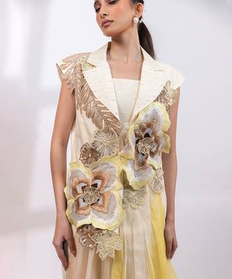 Ivory yellow embroidered silk organza co ord set 4