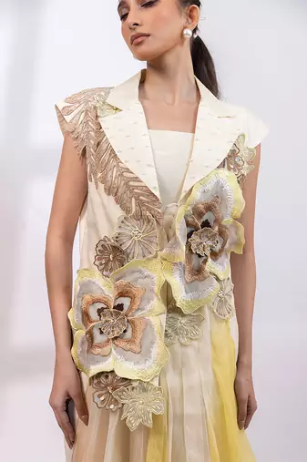 Ivory yellow embroidered silk organza co ord set