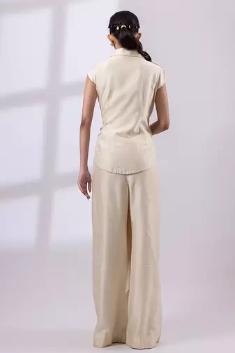 Ivory yellow embroidered silk organza co ord set