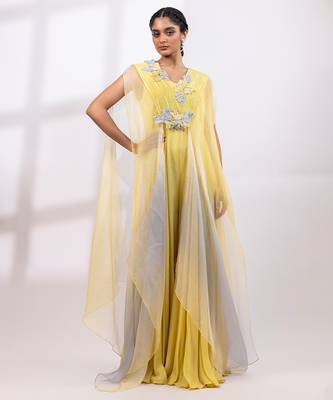 Citron yellow chinon organza jumpsuit cape set 1