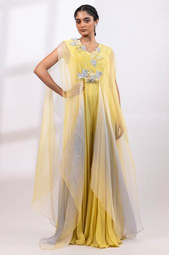Citron yellow chinon organza jumpsuit cape set