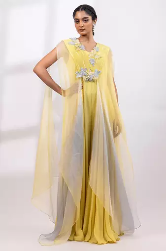 Citron yellow chinon organza jumpsuit cape set
