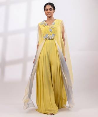 Citron yellow chinon organza jumpsuit cape set 2