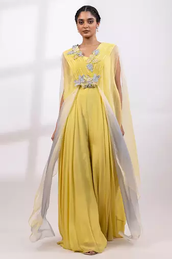 Citron yellow chinon organza jumpsuit cape set