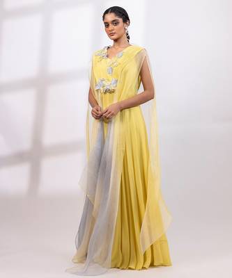 Citron yellow chinon organza jumpsuit cape set 3