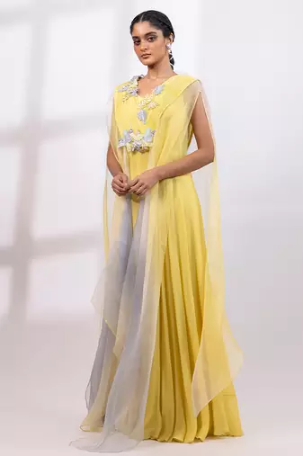 Citron yellow chinon organza jumpsuit cape set
