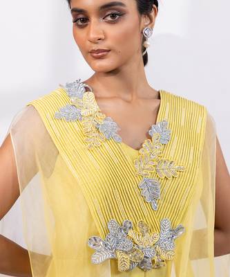 Citron yellow chinon organza jumpsuit cape set 4