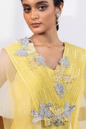 Citron yellow chinon organza jumpsuit cape set