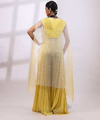 Citron yellow chinon organza jumpsuit cape set 5