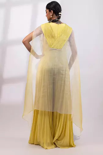 Citron yellow chinon organza jumpsuit cape set