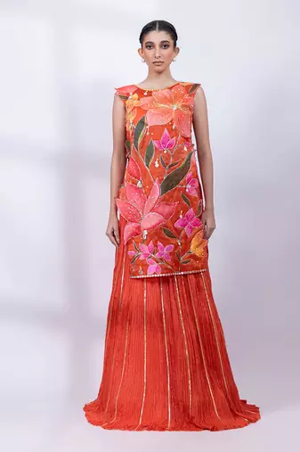 Rust orange embroidered chinon co ord set