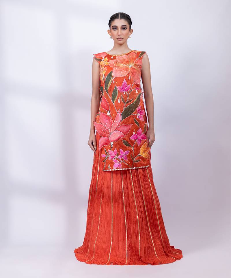 Rust orange embroidered chinon co ord set