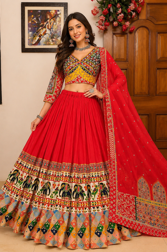 Red Navratri Special Printed Muslin Cotton Lehenga Choli with Mirror Work