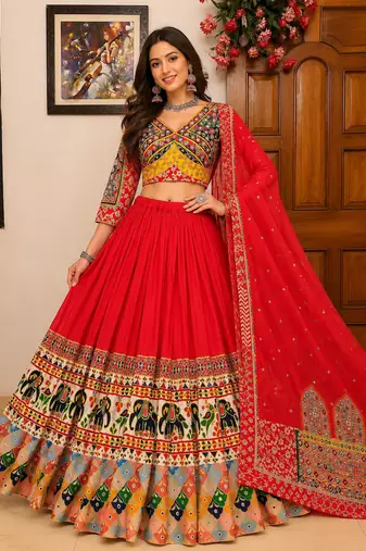 Red Navratri Special Printed Muslin Cotton Lehenga Choli with Mirror Work